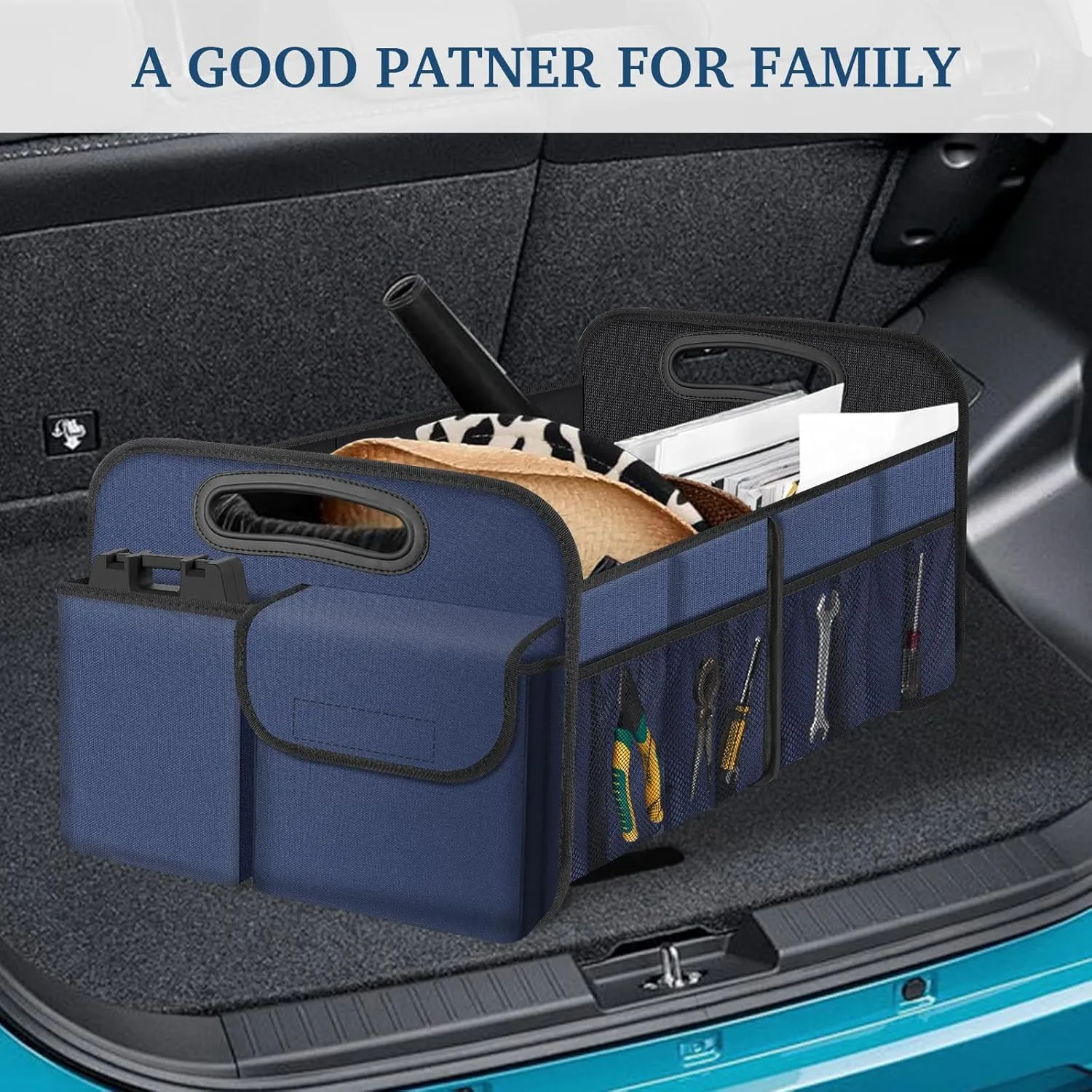 Femuar Car Trunk Organizer, Collapsible, Waterproof, Non-Slip, Blue, 52L, 5 Compartments, Rectangular, Portable, Practical/Functional