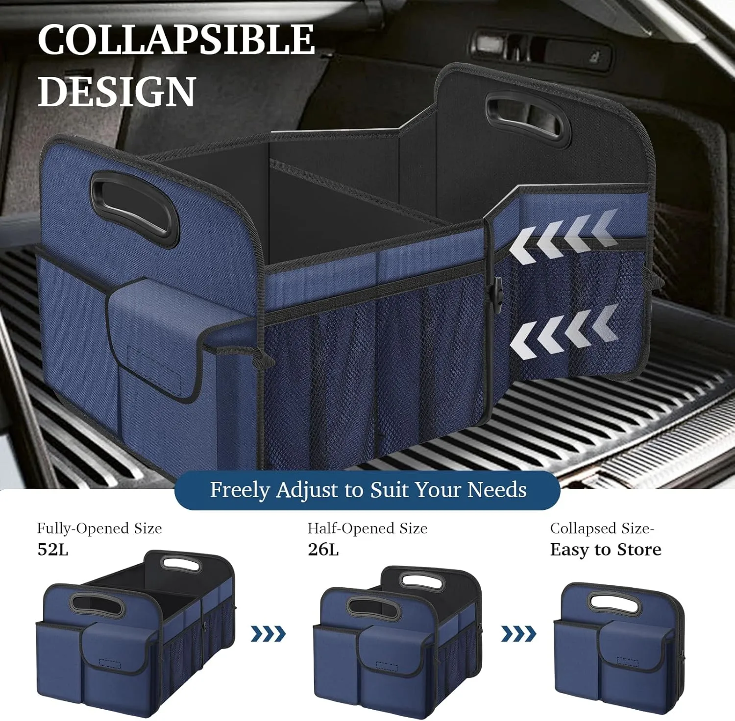 Femuar Car Trunk Organizer, Collapsible, Waterproof, Non-Slip, Blue, 52L, 5 Compartments, Rectangular, Portable, Practical/Functional