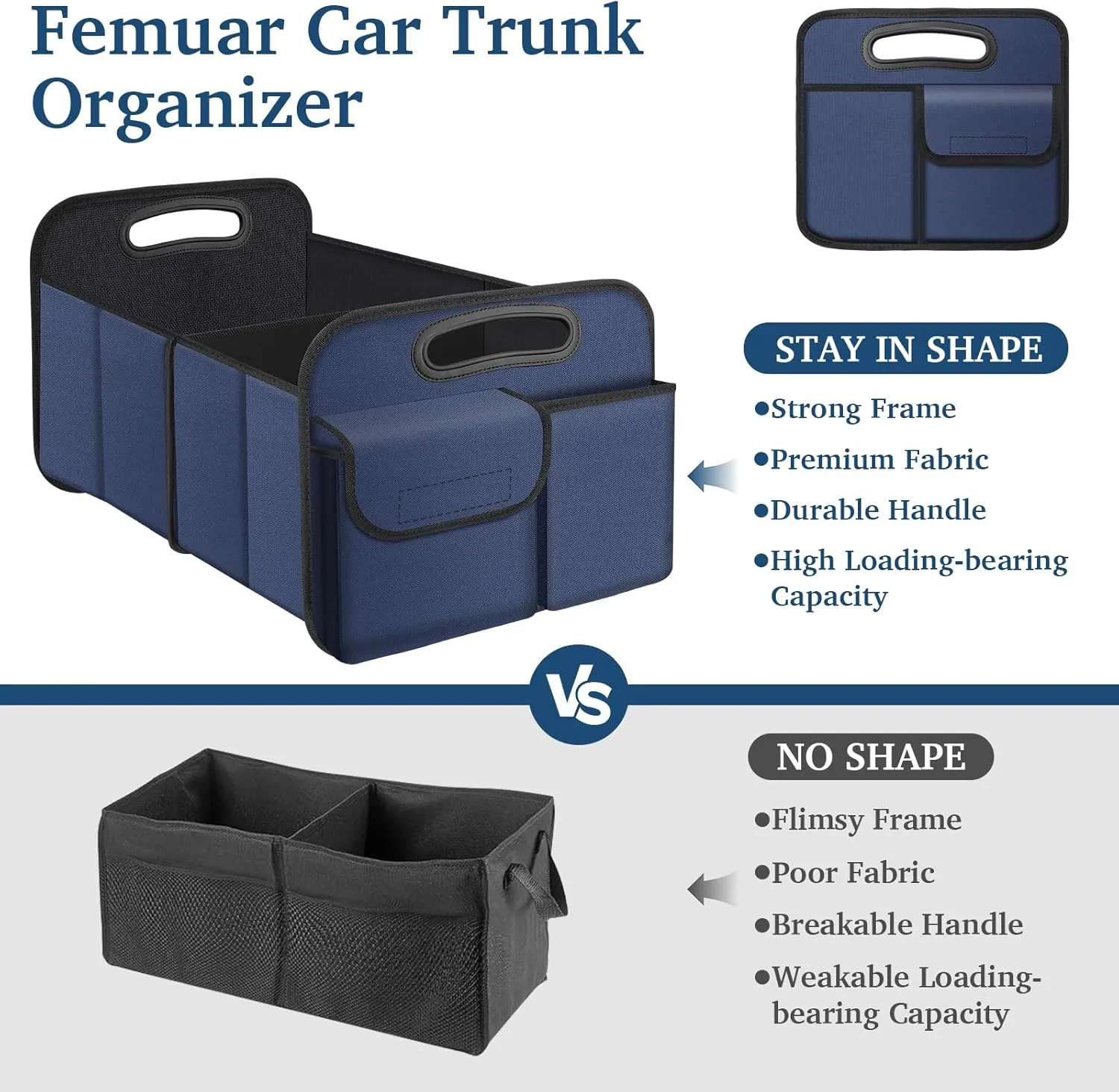 Femuar Car Trunk Organizer, Collapsible, Waterproof, Non-Slip, Blue, 52L, 5 Compartments, Rectangular, Portable, Practical/Functional