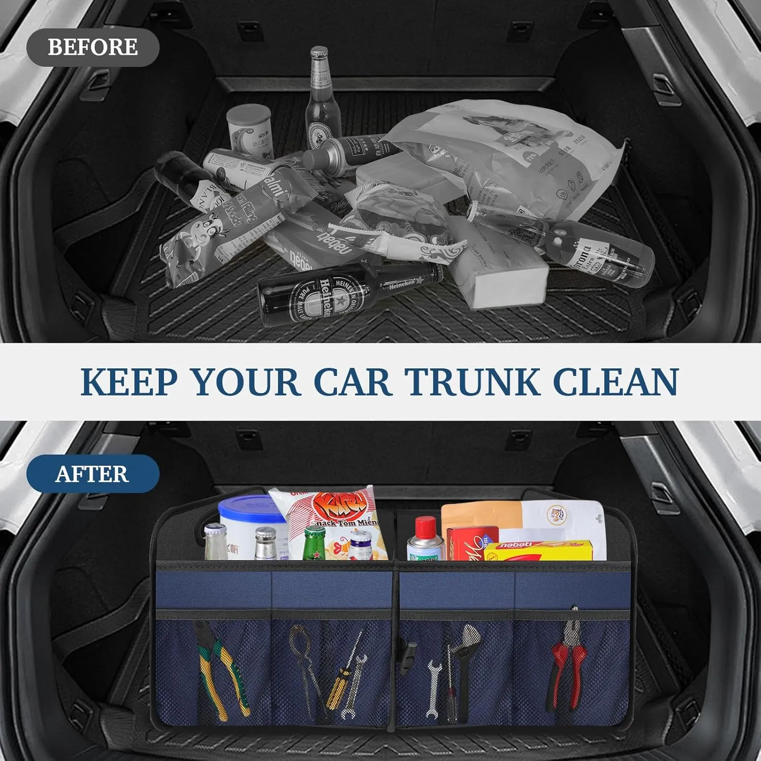 Femuar Car Trunk Organizer, Collapsible, Waterproof, Non-Slip, Blue, 52L, 5 Compartments, Rectangular, Portable, Practical/Functional