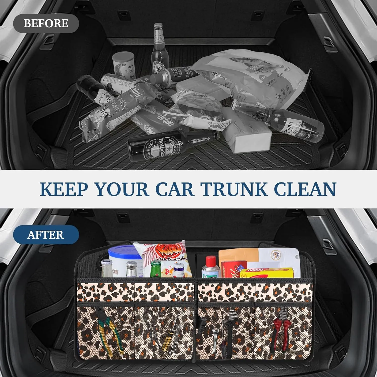 Femuar Car Trunk Organizer, Trunk Storage Organizer with Large Capacity Waterproof Collapsible Trunk Organizer for Car Suv/Jeep/Sedan (Leopard Print, Standard)