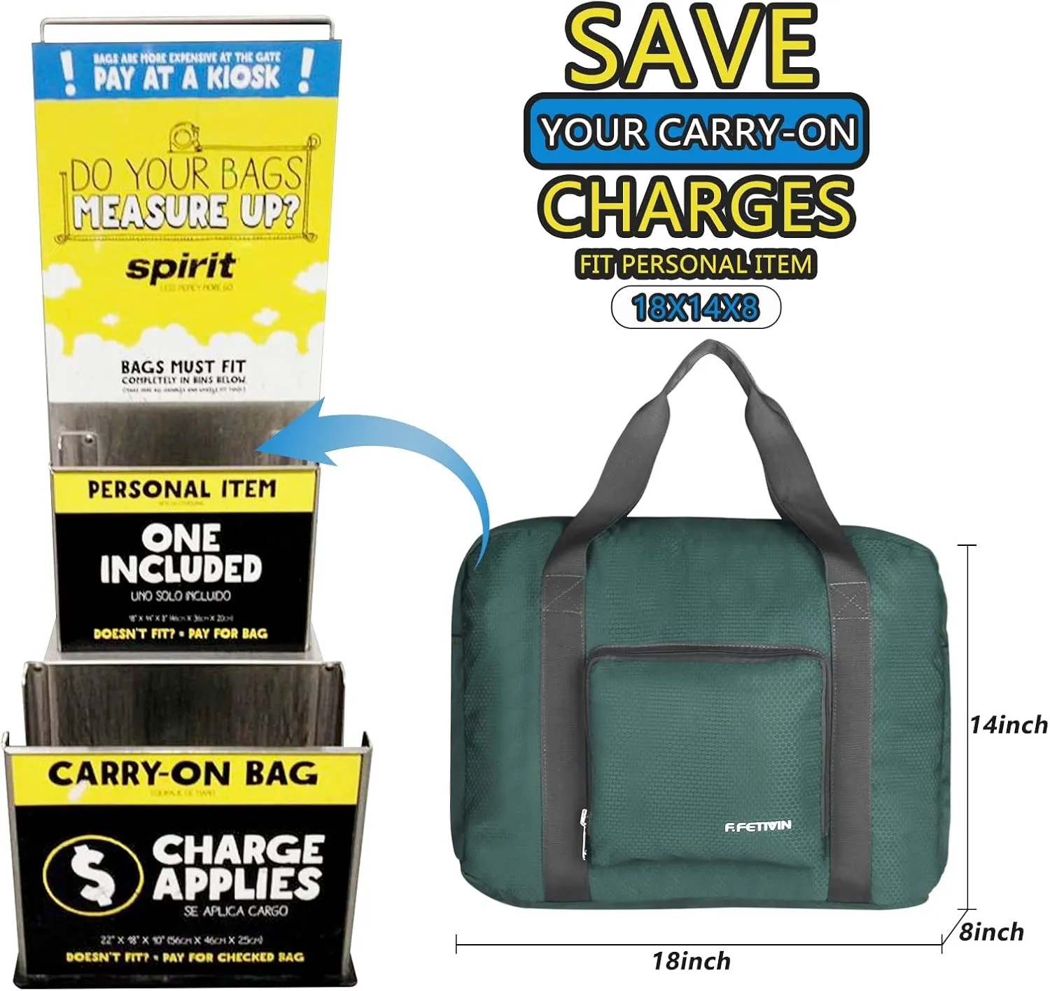 F.FETIVIN Personal item travel bag 18x14x8 for Spirit Airlines Lightweight carry on duffle bag waterproof for Gym,Sports,Vacation(Dark Green)