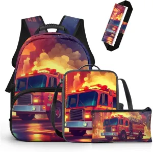 Fire Fighting Truck Backpack for Boys Lightweight Bookbag and Lunch Box Set for Toddler Boys 4 Pieces Kids School Bag for Preschool Primary School Knapsack