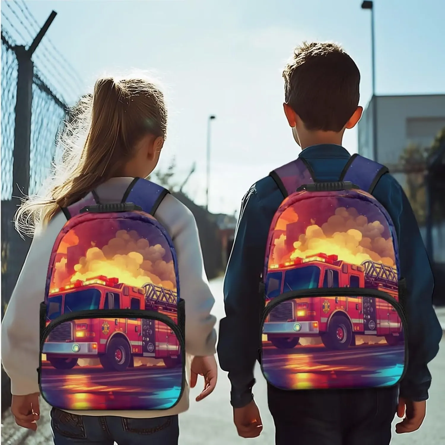 Fire Fighting Truck Backpack for Boys Lightweight Bookbag and Lunch Box Set for Toddler Boys 4 Pieces Kids School Bag for Preschool Primary School Knapsack