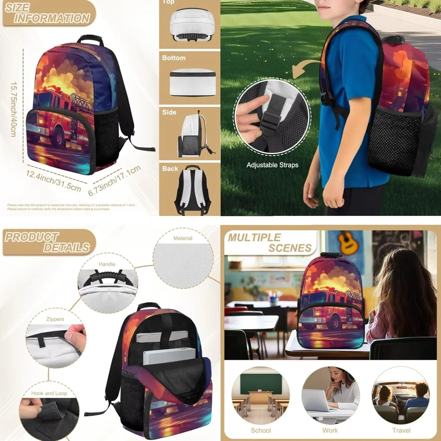 Fire Fighting Truck Backpack for Boys Lightweight Bookbag and Lunch Box Set for Toddler Boys 4 Pieces Kids School Bag for Preschool Primary School Knapsack