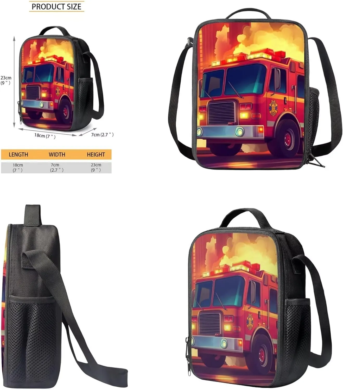 Fire Fighting Truck Backpack for Boys Lightweight Bookbag and Lunch Box Set for Toddler Boys 4 Pieces Kids School Bag for Preschool Primary School Knapsack