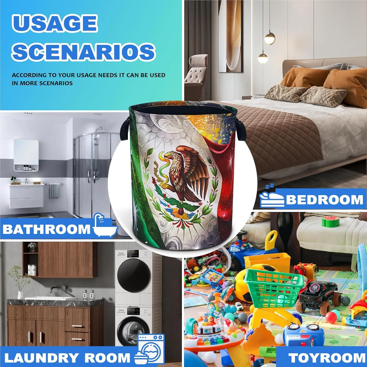 Flag Of Mexico Laundry Basket Mexican Flag Oxford Cloth Laundry Hamper With Handle Foldable Portable Clothes Storage Basket 18.9 X 16.5 Inch Storage Bag For Laundry Room/Bathroom/Bedroom/Dormitories