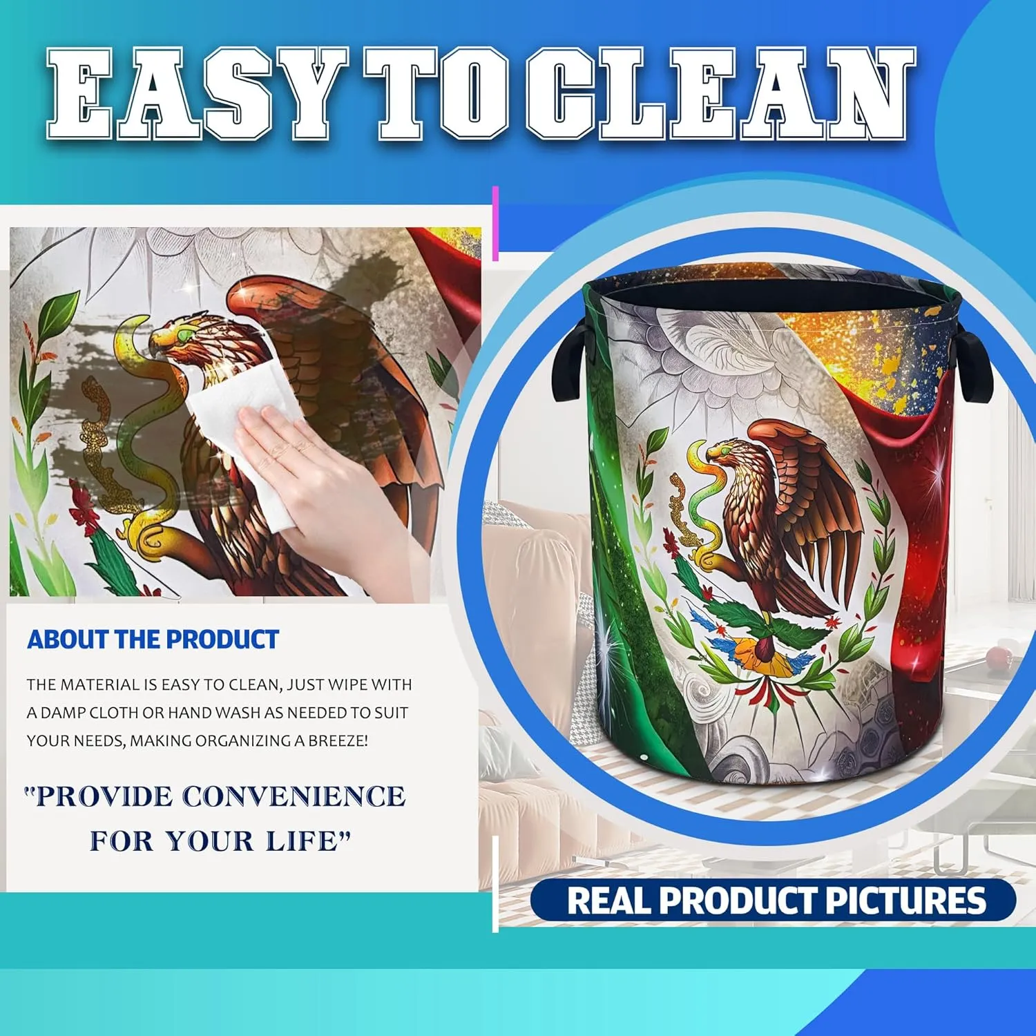 Flag Of Mexico Laundry Basket Mexican Flag Oxford Cloth Laundry Hamper With Handle Foldable Portable Clothes Storage Basket 18.9 X 16.5 Inch Storage Bag For Laundry Room/Bathroom/Bedroom/Dormitories