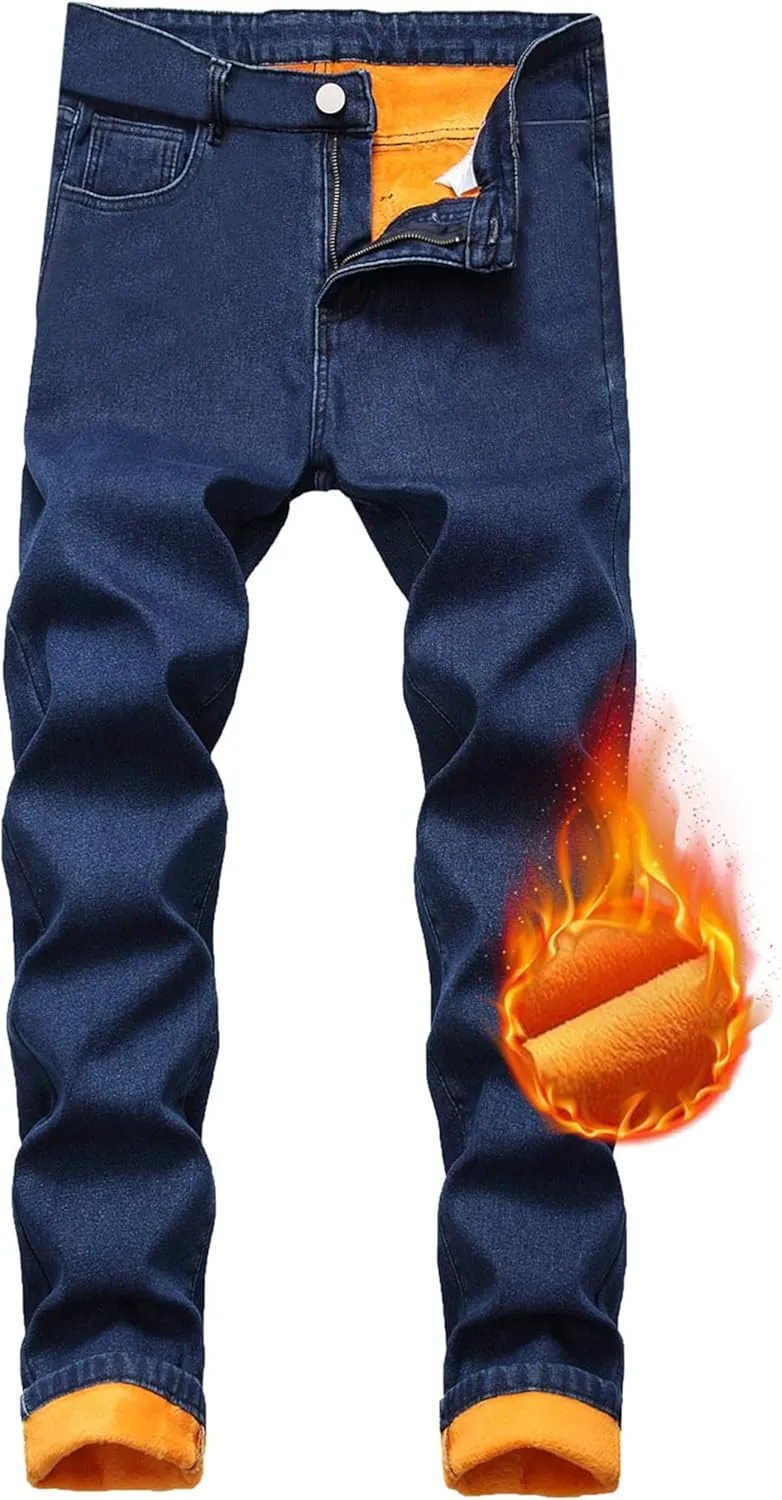 Fleece Lined Jeans Men,Winter Flannel Lined Jeans for Men Thermal Thicken Stretch Warm Denim Pants