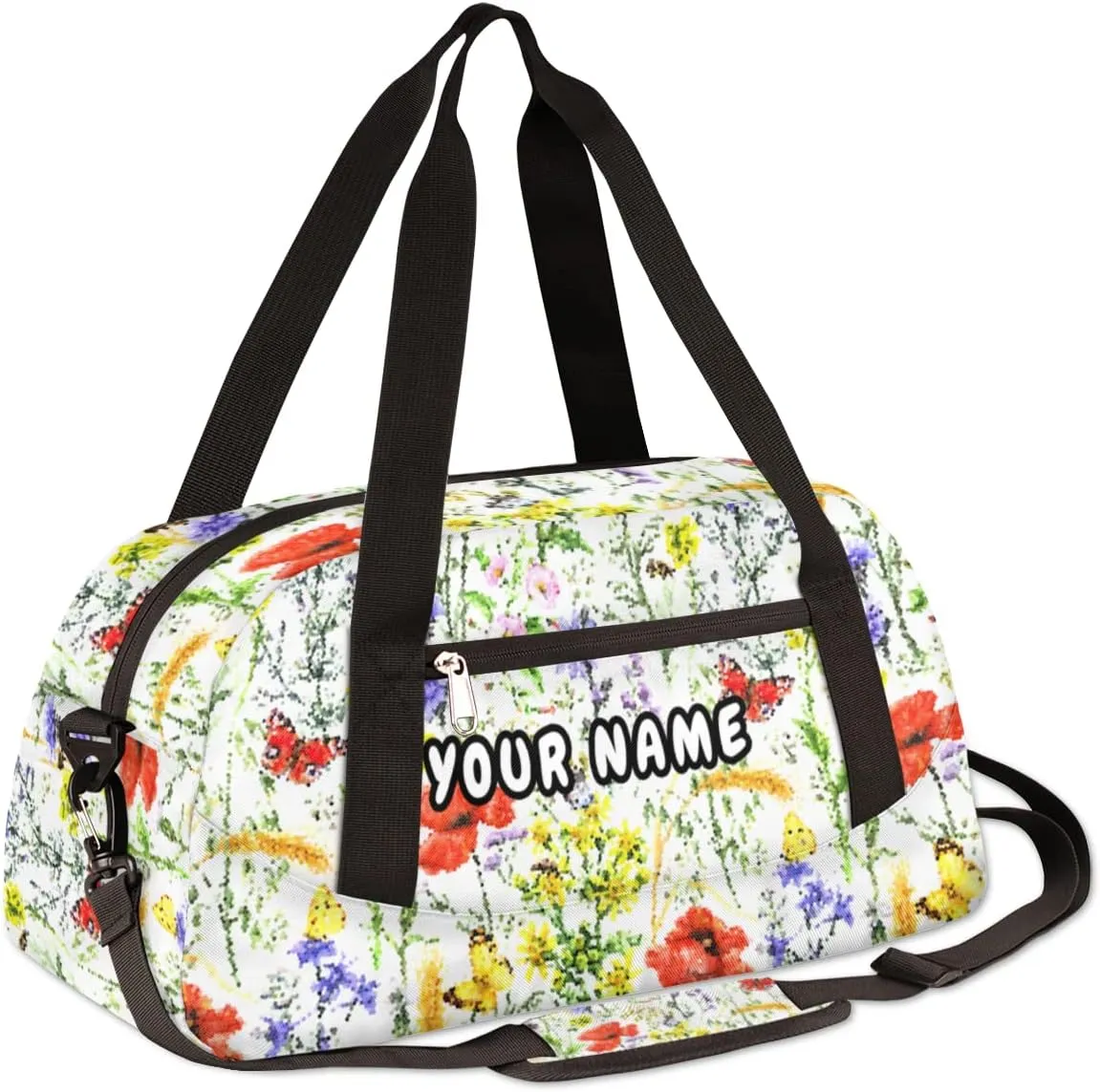 Floral Poppies Bees Butterflies Personalized Kids Duffel Bag for Girls, Flower Debris Custom Dance Bag Overnight Small Duffel Bag Carry On Sports Travel Bag for School Practice Gymnastics Ballet
