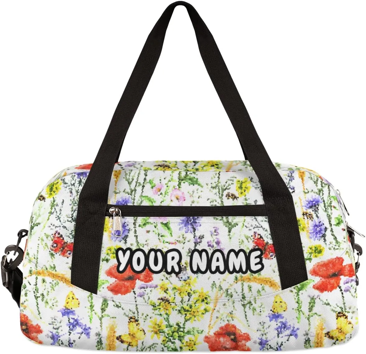 Floral Poppies Bees Butterflies Personalized Kids Duffel Bag for Girls, Flower Debris Custom Dance Bag Overnight Small Duffel Bag Carry On Sports Travel Bag for School Practice Gymnastics Ballet