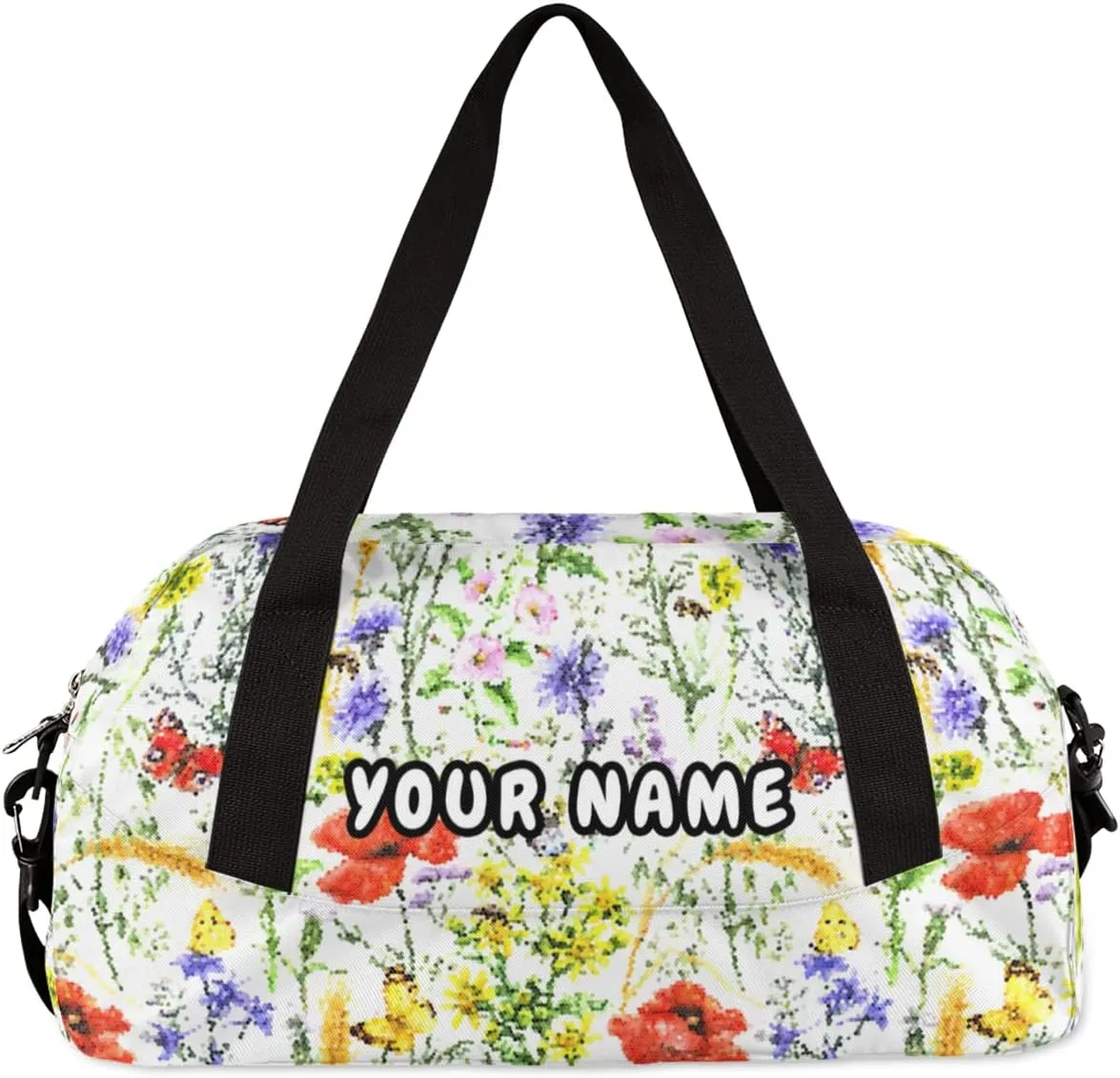 Floral Poppies Bees Butterflies Personalized Kids Duffel Bag for Girls, Flower Debris Custom Dance Bag Overnight Small Duffel Bag Carry On Sports Travel Bag for School Practice Gymnastics Ballet