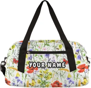 Floral Poppies Bees Butterflies Personalized Kids Duffel Bag for Girls, Flower Debris Custom Dance Bag Overnight Small Duffel Bag Carry On Sports Travel Bag for School Practice Gymnastics Ballet