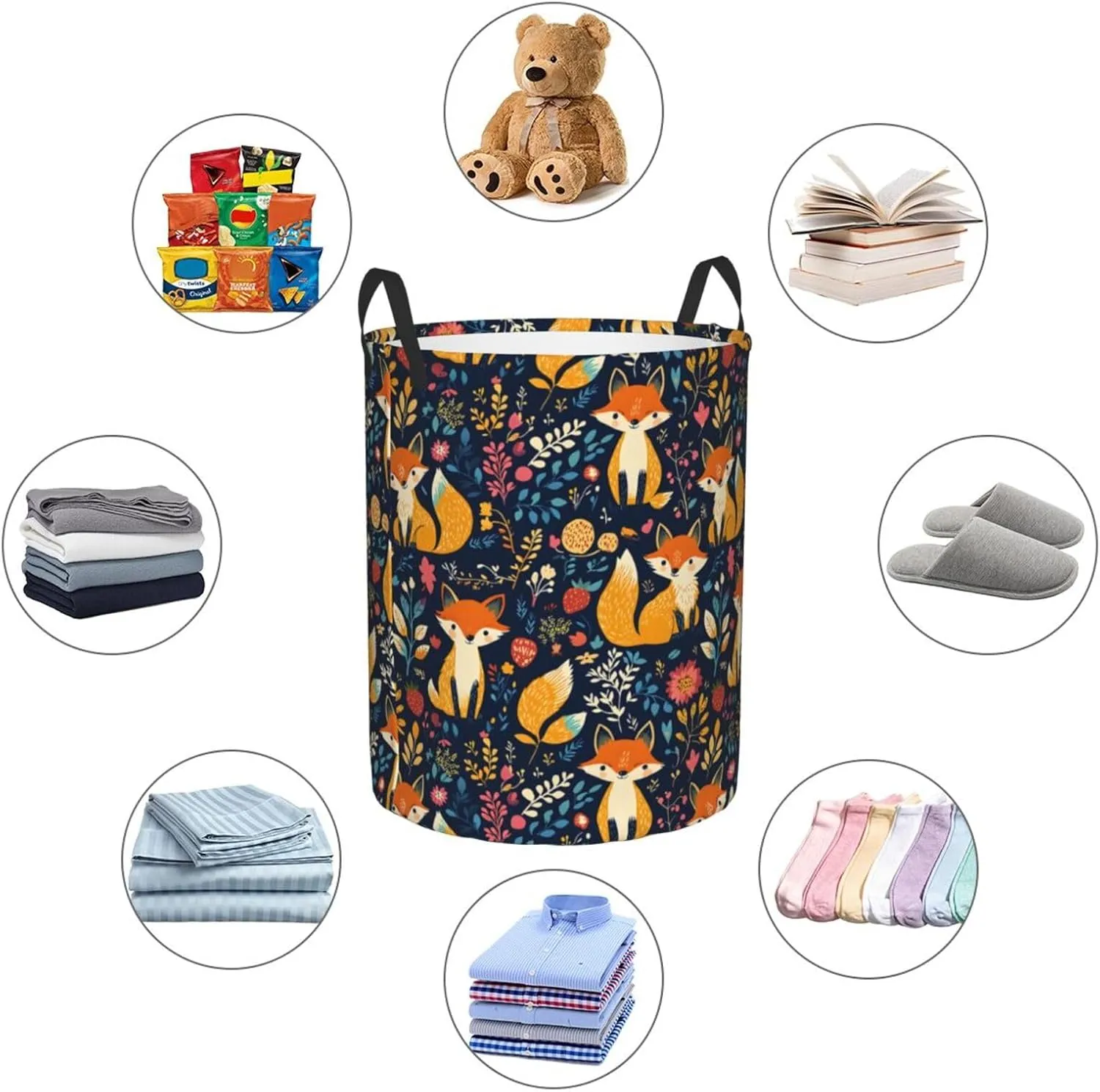 flower Surrounding the foxes Laundry Basket Round with Handle, Bedroom Hamper Collapsible Storage Bin Dirty Clothes Bag Organizer for Home Bathroom Nursery, 19.6''x15.7''