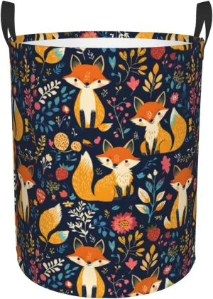 flower Surrounding the foxes Laundry Basket Round with Handle, Bedroom Hamper Collapsible Storage Bin Dirty Clothes Bag Organizer for Home Bathroom Nursery, 19.6''x15.7''