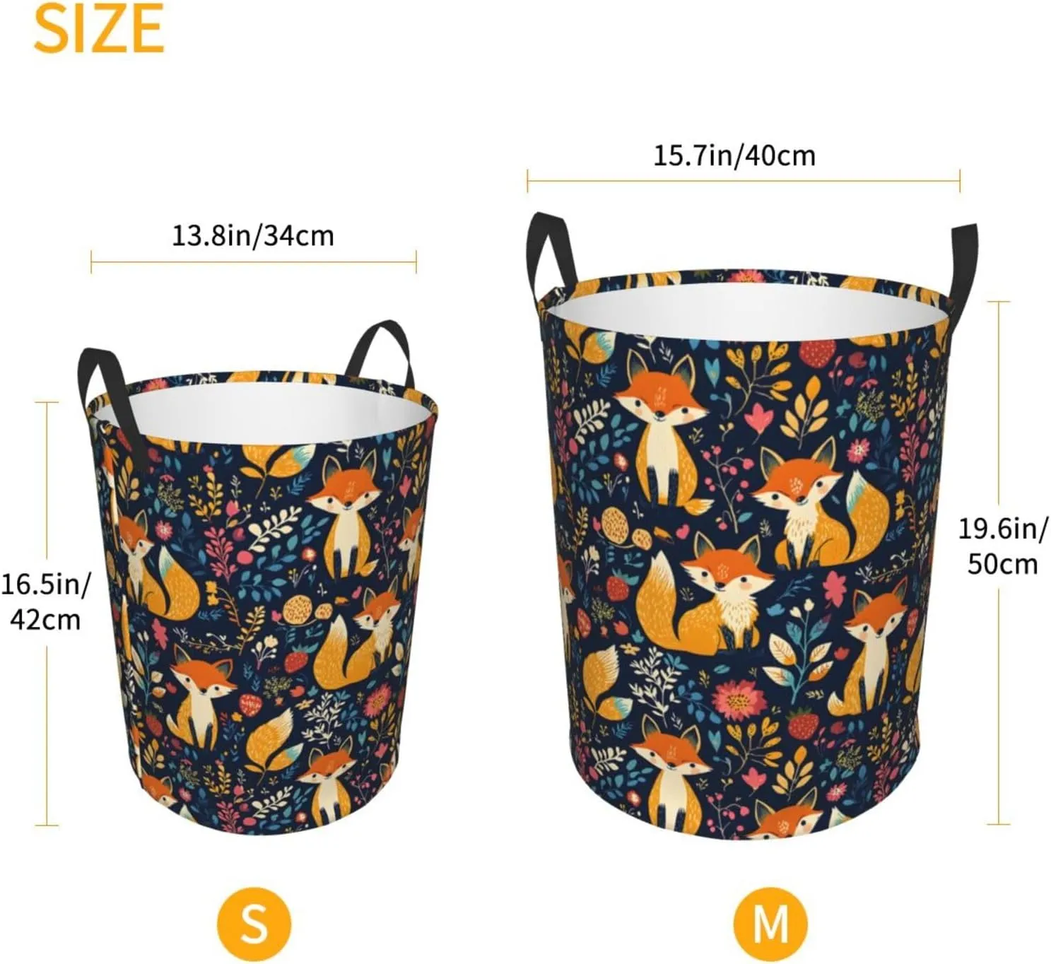 flower Surrounding the foxes Laundry Basket Round with Handle, Bedroom Hamper Collapsible Storage Bin Dirty Clothes Bag Organizer for Home Bathroom Nursery, 19.6''x15.7''