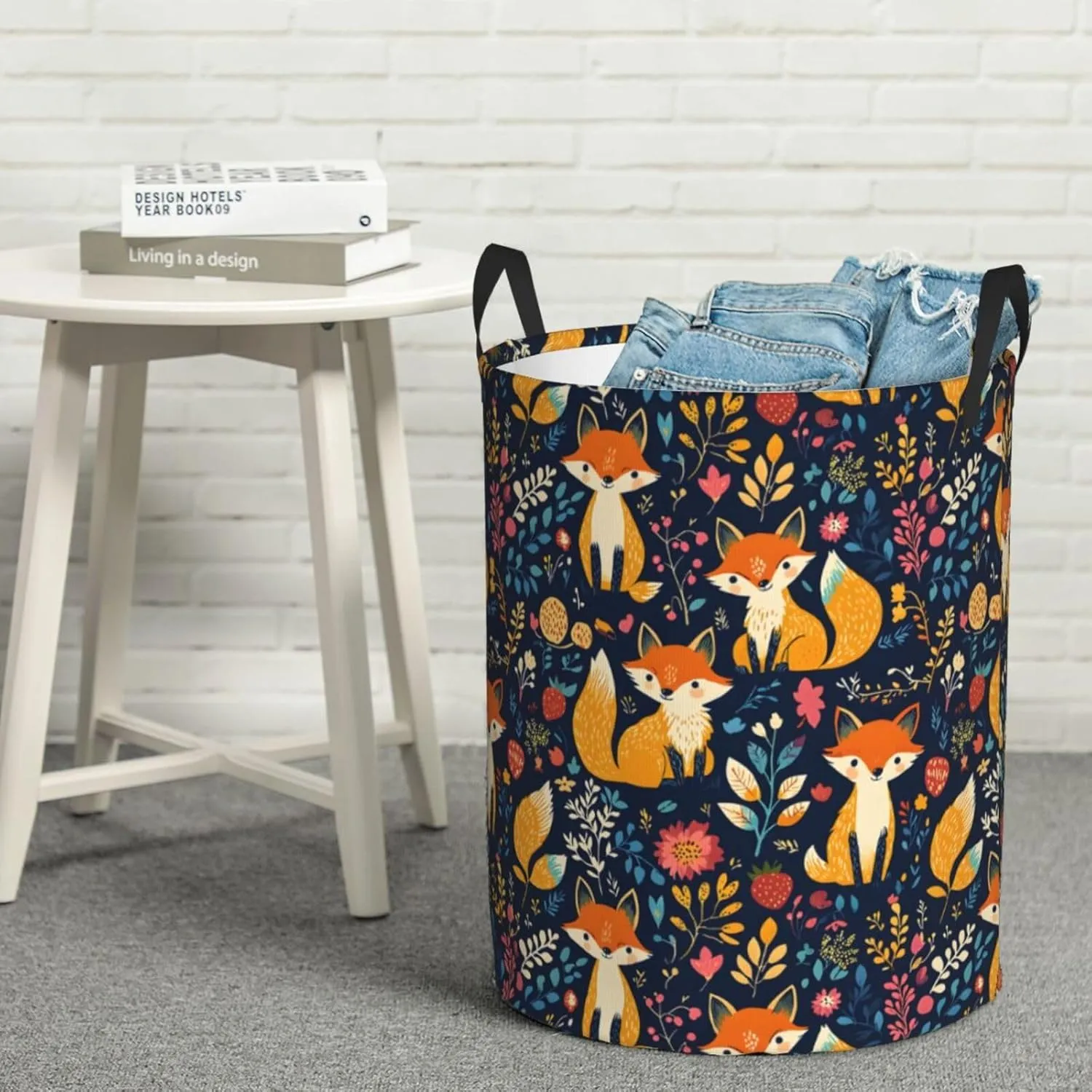 flower Surrounding the foxes Laundry Basket Round with Handle, Bedroom Hamper Collapsible Storage Bin Dirty Clothes Bag Organizer for Home Bathroom Nursery, 19.6''x15.7''