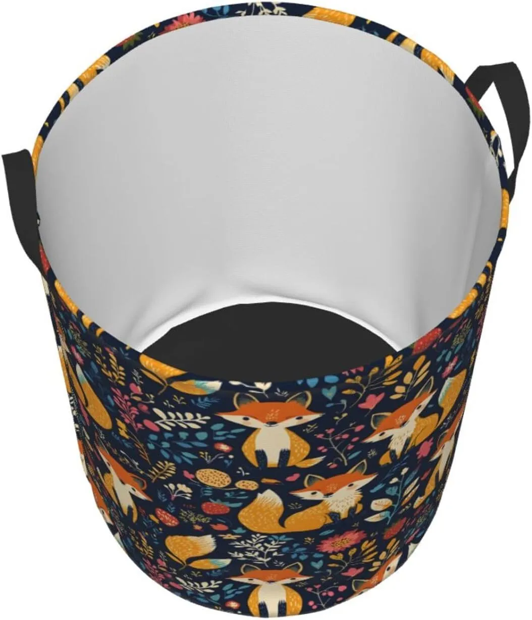 flower Surrounding the foxes Laundry Basket Round with Handle, Bedroom Hamper Collapsible Storage Bin Dirty Clothes Bag Organizer for Home Bathroom Nursery, 19.6''x15.7''