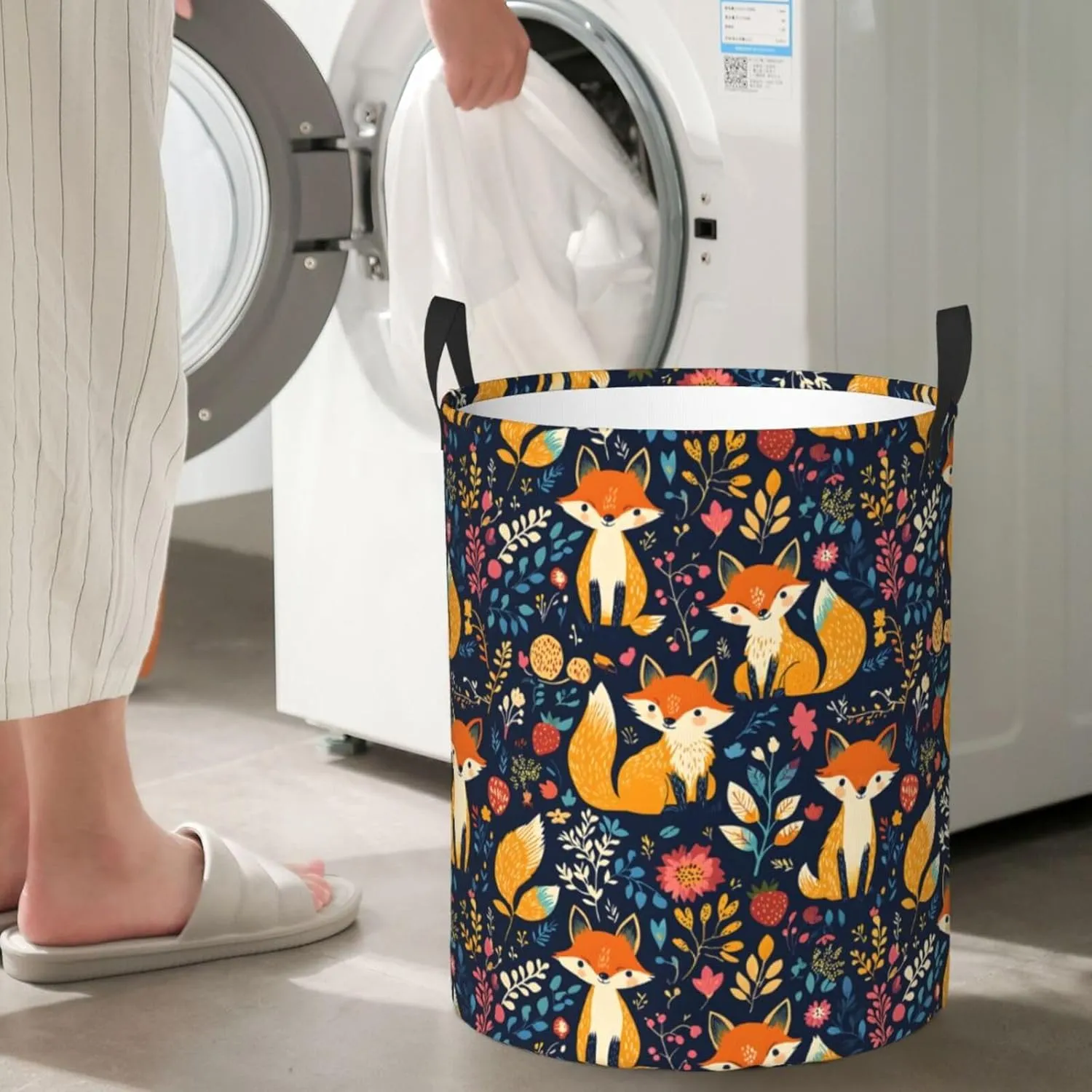 flower Surrounding the foxes Laundry Basket Round with Handle, Bedroom Hamper Collapsible Storage Bin Dirty Clothes Bag Organizer for Home Bathroom Nursery, 19.6''x15.7''