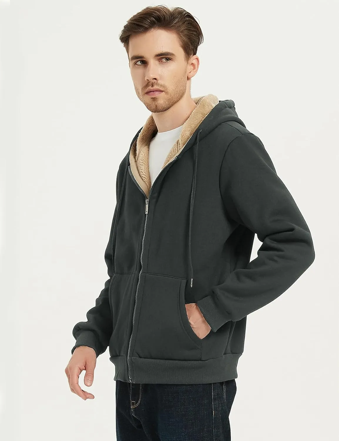 Flygo Men's Sherpa Hoodie Jacket Fleece Lined Zip Up Warm Hoodies Sweatshirt Winter Zipper Sweater Hooded Coat