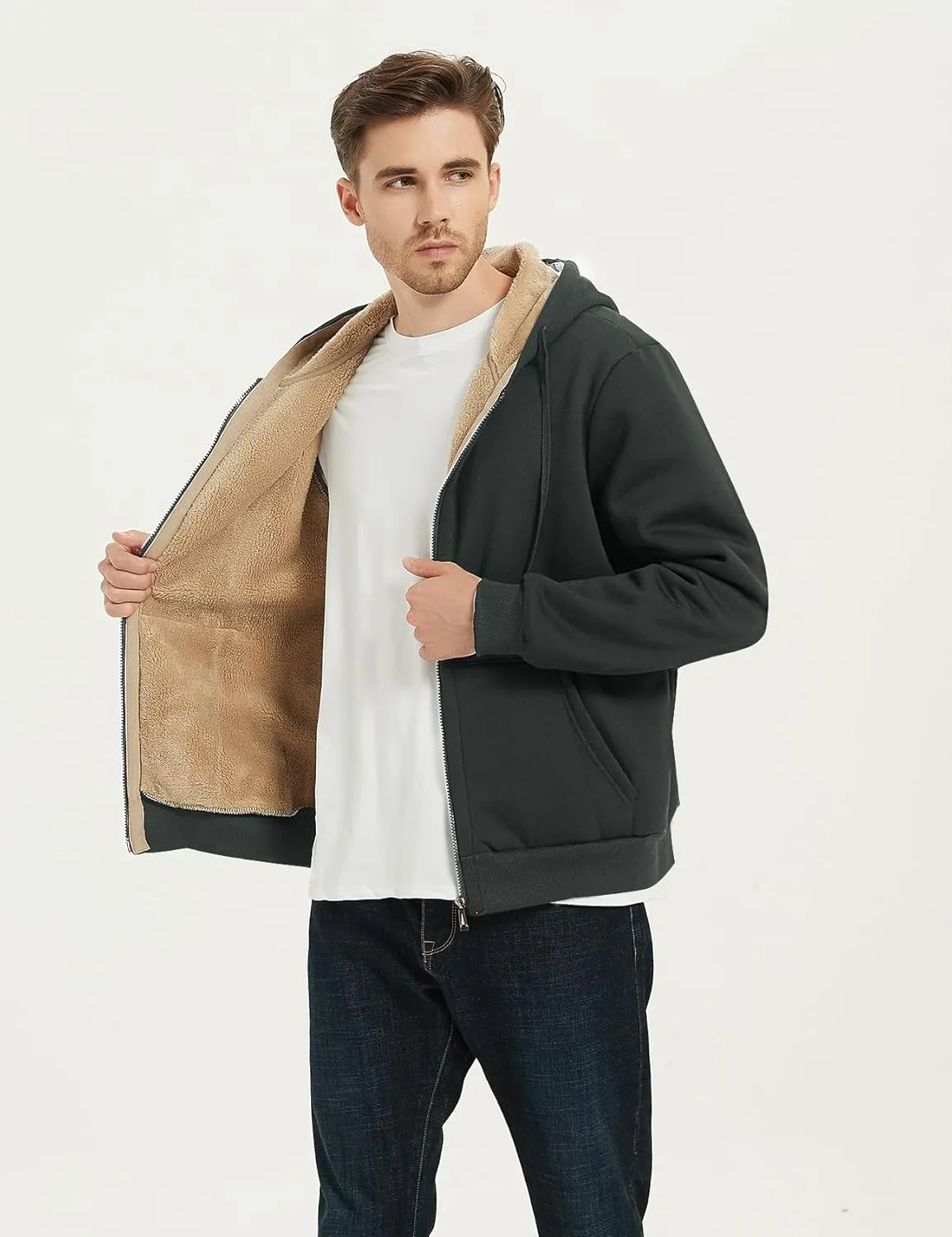 Flygo Men's Sherpa Hoodie Jacket Fleece Lined Zip Up Warm Hoodies Sweatshirt Winter Zipper Sweater Hooded Coat