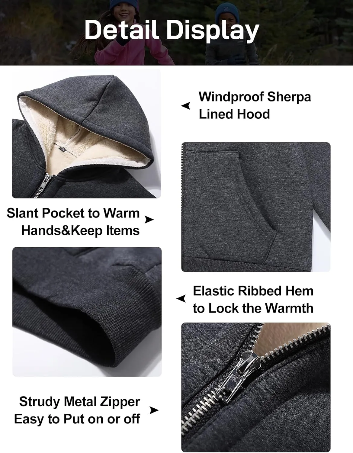 Flygo Unisex Boys Girls Fleece Jacket Hoodie Sherpa Lined Zip Up Hooded Sweatshirt Kids Winter Jackets 5-15Y