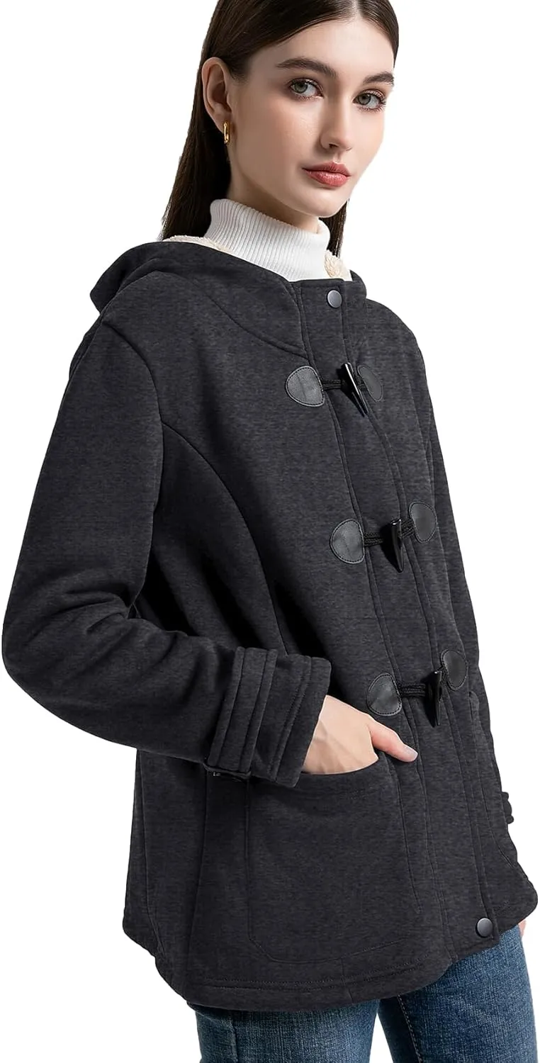 Flygo Women Sherpa Lined Hoodie Jacket Toggle Duffle Coat Warm Hooded Fleece Jackets Fall Winter Coats