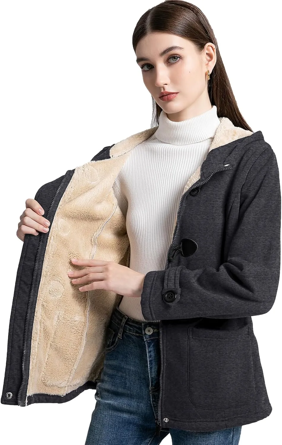 Flygo Women Sherpa Lined Hoodie Jacket Toggle Duffle Coat Warm Hooded Fleece Jackets Fall Winter Coats