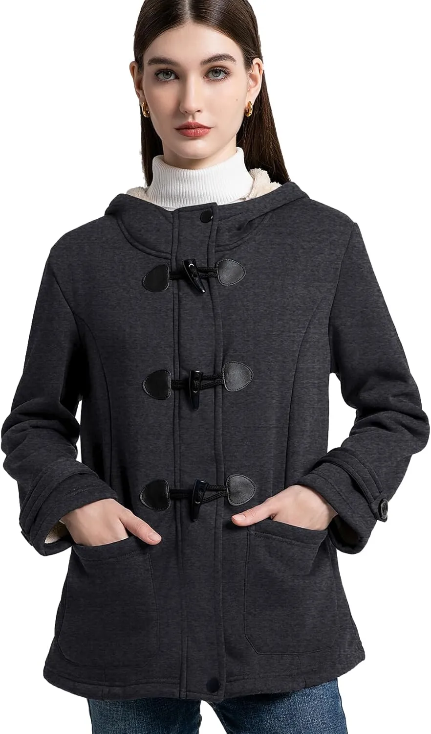 Flygo Women Sherpa Lined Hoodie Jacket Toggle Duffle Coat Warm Hooded Fleece Jackets Fall Winter Coats