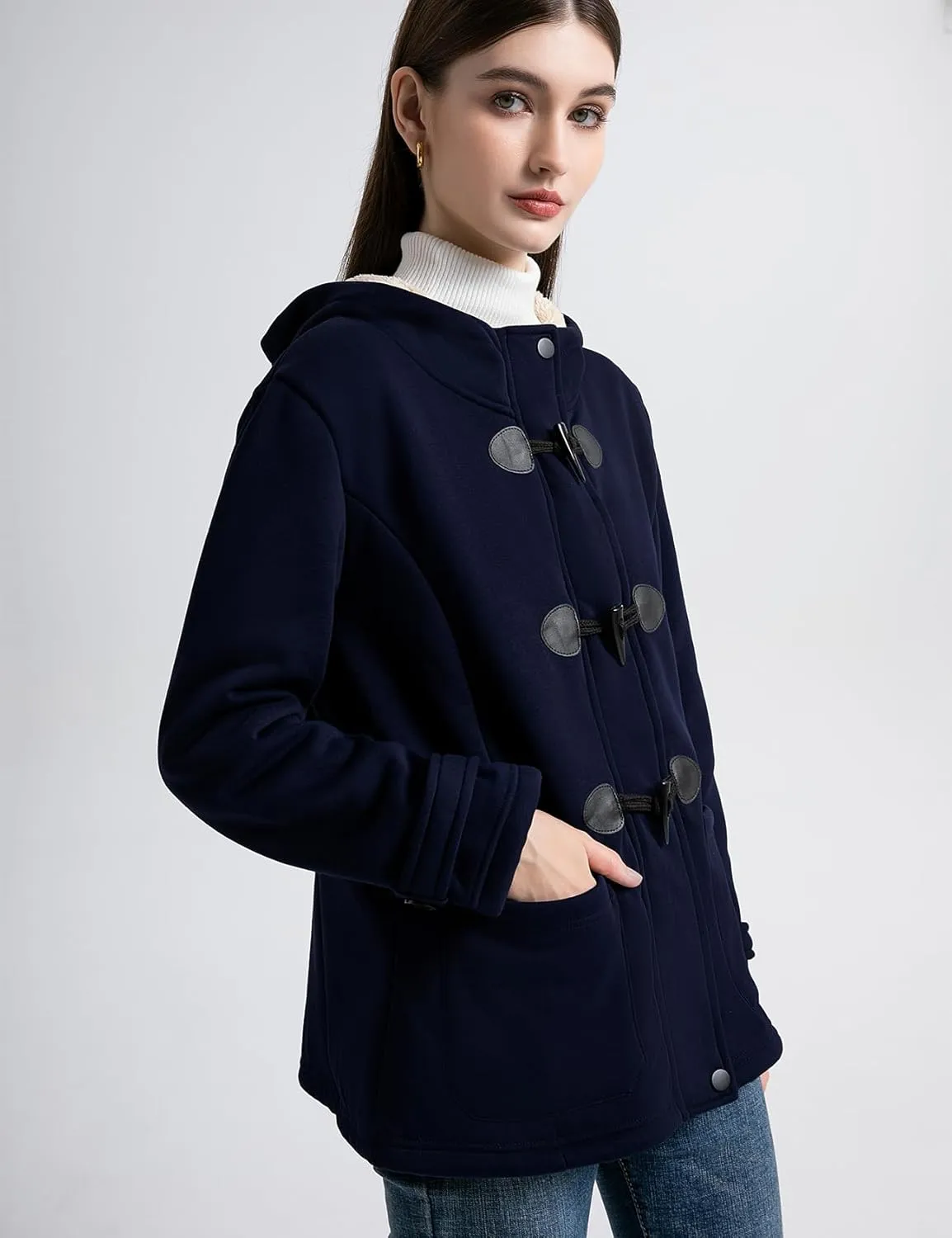 Flygo Women Sherpa Lined Hoodie Jacket Toggle Duffle Coat Warm Hooded Fleece Jackets Fall Winter Coats