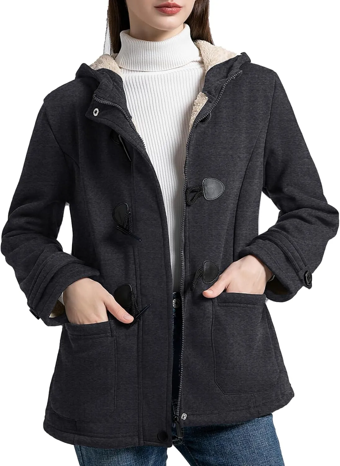 Flygo Women Sherpa Lined Hoodie Jacket Toggle Duffle Coat Warm Hooded Fleece Jackets Fall Winter Coats