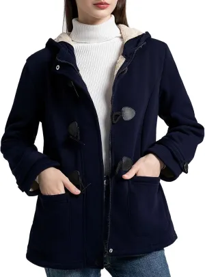 Flygo Women Sherpa Lined Hoodie Jacket Toggle Duffle Coat Warm Hooded Fleece Jackets Fall Winter Coats