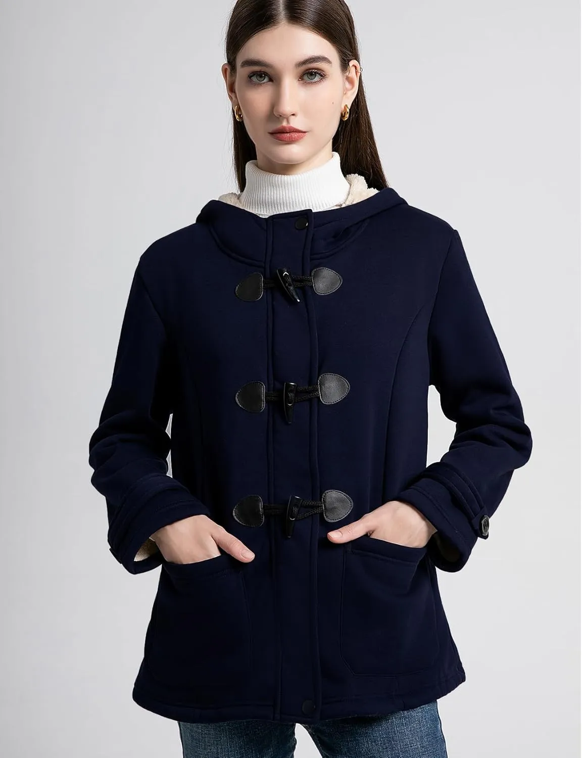Flygo Women Sherpa Lined Hoodie Jacket Toggle Duffle Coat Warm Hooded Fleece Jackets Fall Winter Coats