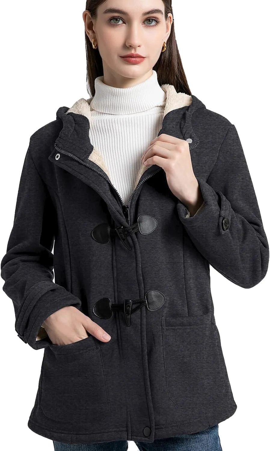 Flygo Women Sherpa Lined Hoodie Jacket Toggle Duffle Coat Warm Hooded Fleece Jackets Fall Winter Coats