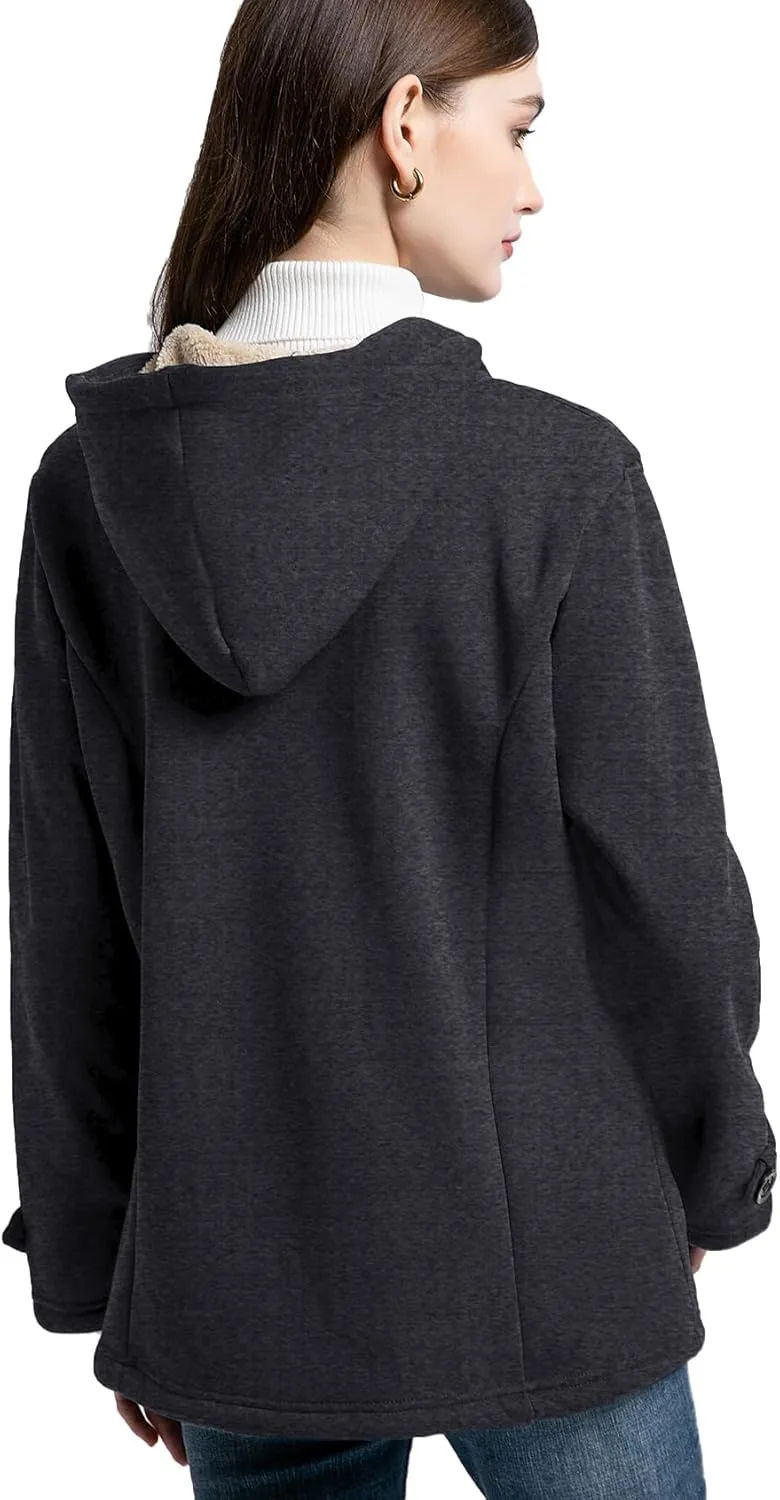 Flygo Women Sherpa Lined Hoodie Jacket Toggle Duffle Coat Warm Hooded Fleece Jackets Fall Winter Coats