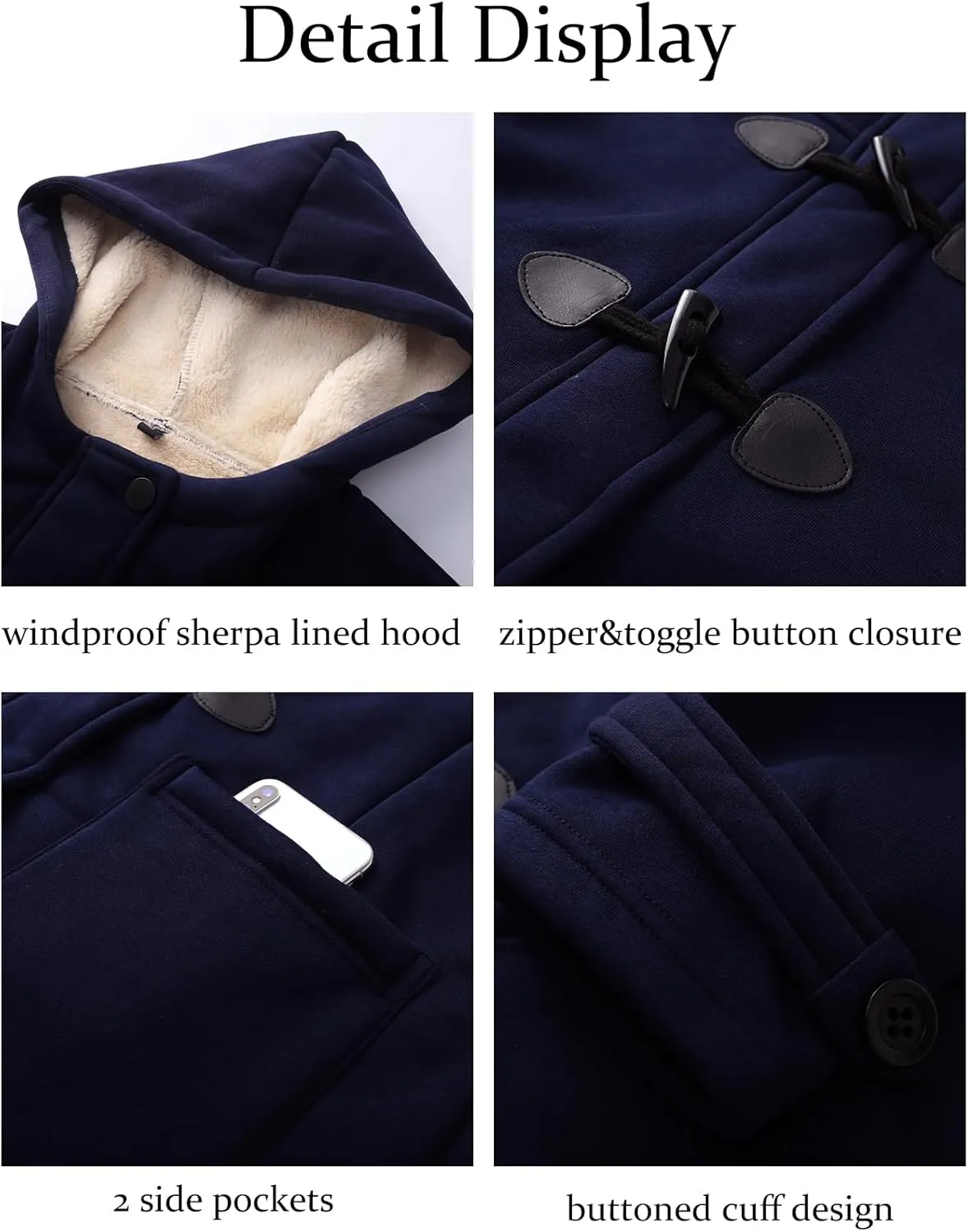 Flygo Women Sherpa Lined Hoodie Jacket Toggle Duffle Coat Warm Hooded Fleece Jackets Fall Winter Coats