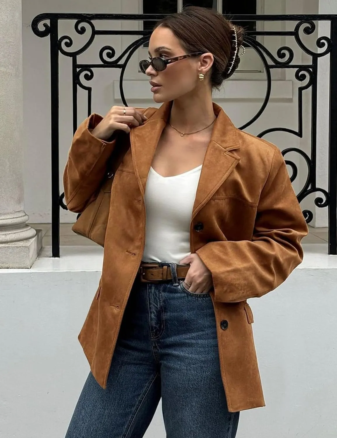 Flygo Womens Faux Suede Blazer Jacket Vintage Long Sleeve Button Down Casual Blazer Business Work Outfits