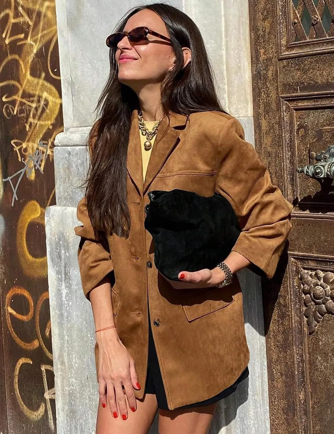 Flygo Womens Faux Suede Blazer Jacket Vintage Long Sleeve Button Down Casual Blazer Business Work Outfits