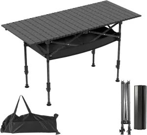 Folding Camping Table with Hanging Net, Folding Table with Adjustable Height, Portable & Foldable Camping Table for Outdoor Picnic Hiking Beach BBQ for 5-6People, Black, L