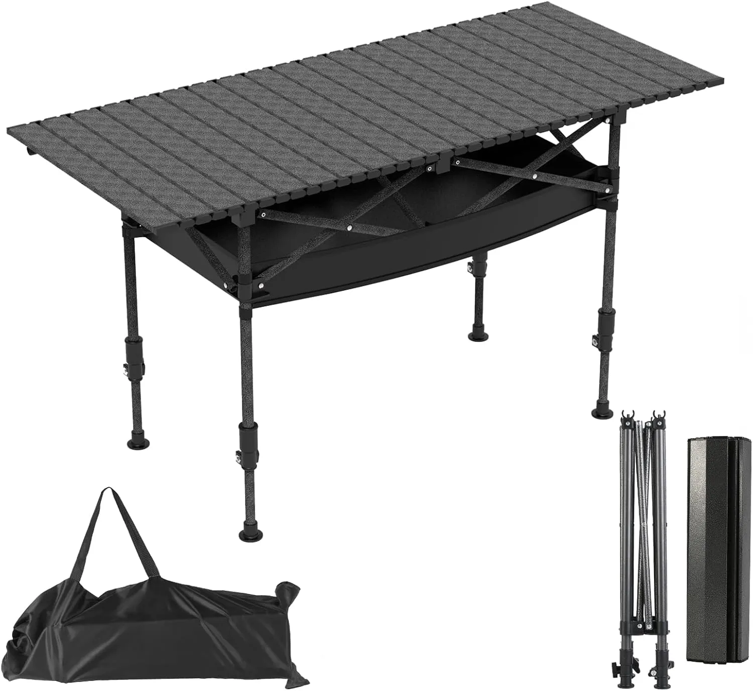 Folding Camping Table with Hanging Net, Folding Table with Adjustable Height, Portable & Foldable Camping Table for Outdoor Picnic Hiking Beach BBQ for 5-6People, Black, L