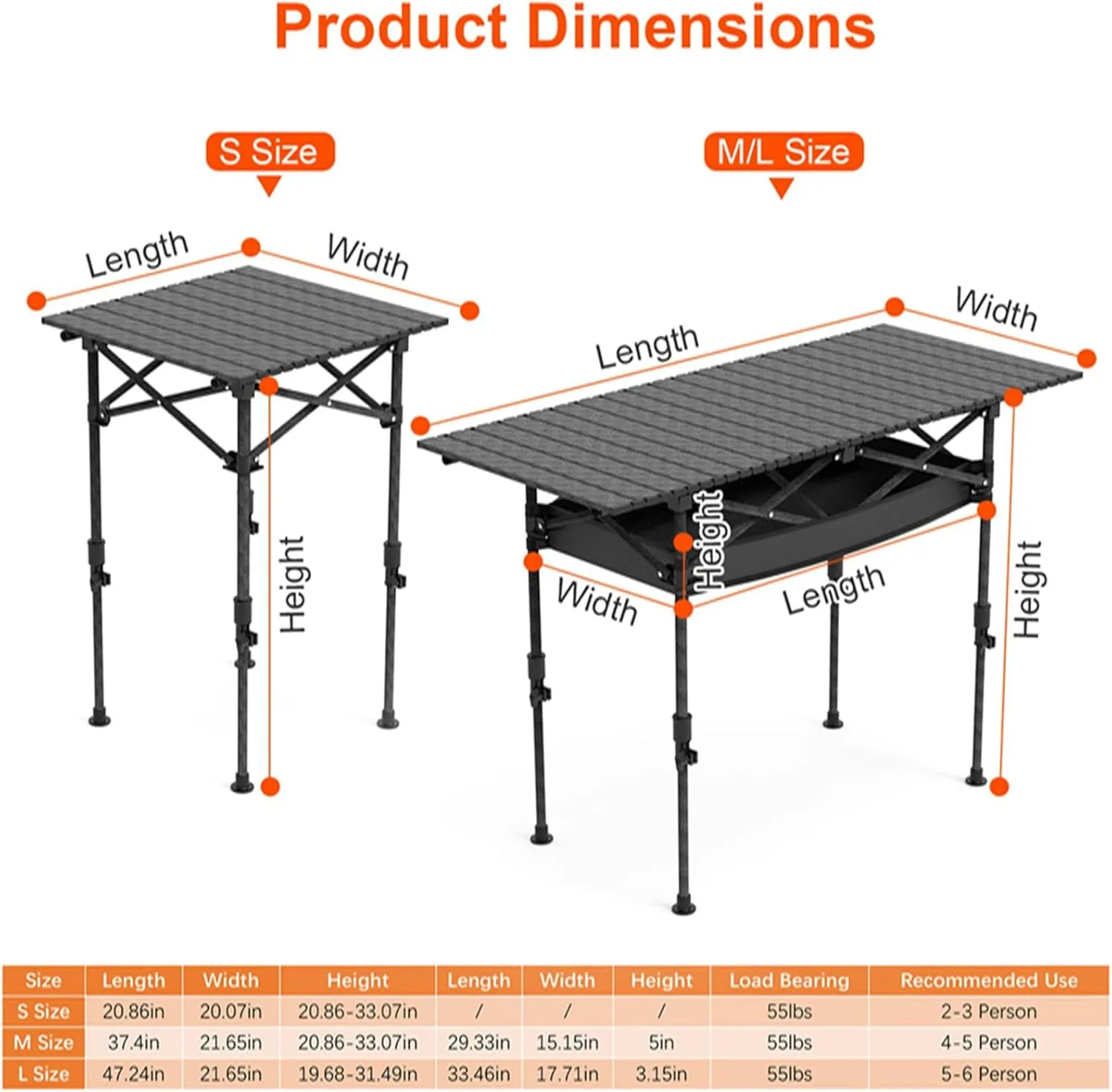 Folding Camping Table with Hanging Net, Folding Table with Adjustable Height, Portable & Foldable Camping Table for Outdoor Picnic Hiking Beach BBQ for 5-6People, Black, L