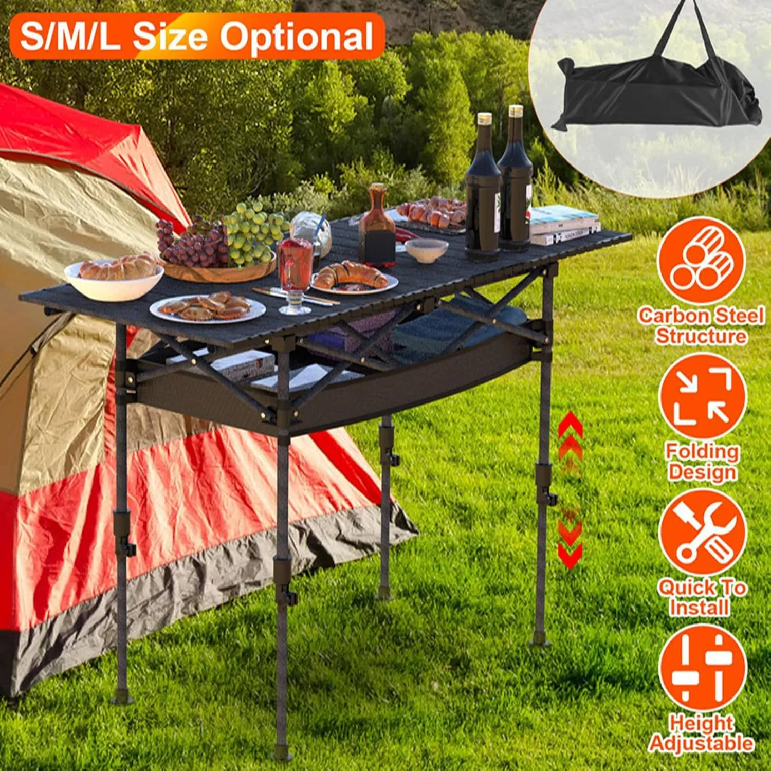 Folding Camping Table with Hanging Net, Folding Table with Adjustable Height, Portable & Foldable Camping Table for Outdoor Picnic Hiking Beach BBQ for 5-6People, Black, L