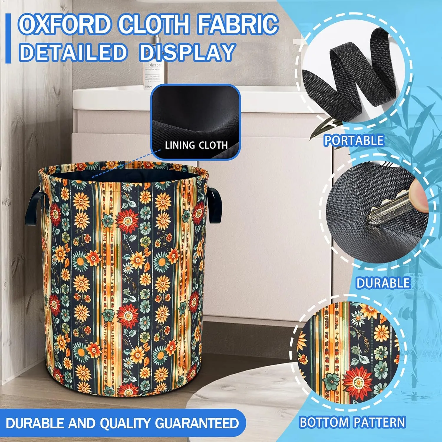 Folk Flower Art Laundry Basket Boho Floral Print Oxford Cloth Laundry Hamper With Handle Foldable Portable Clothes Storage Basket 18.9 X 16.5 Inch Storage Bag For Laundry Room/Bathroom/Bedroom