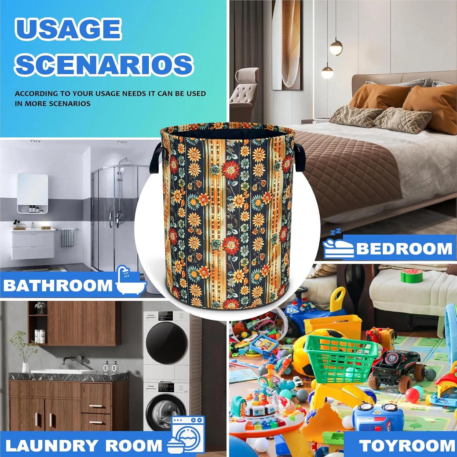 Folk Flower Art Laundry Basket Boho Floral Print Oxford Cloth Laundry Hamper With Handle Foldable Portable Clothes Storage Basket 18.9 X 16.5 Inch Storage Bag For Laundry Room/Bathroom/Bedroom