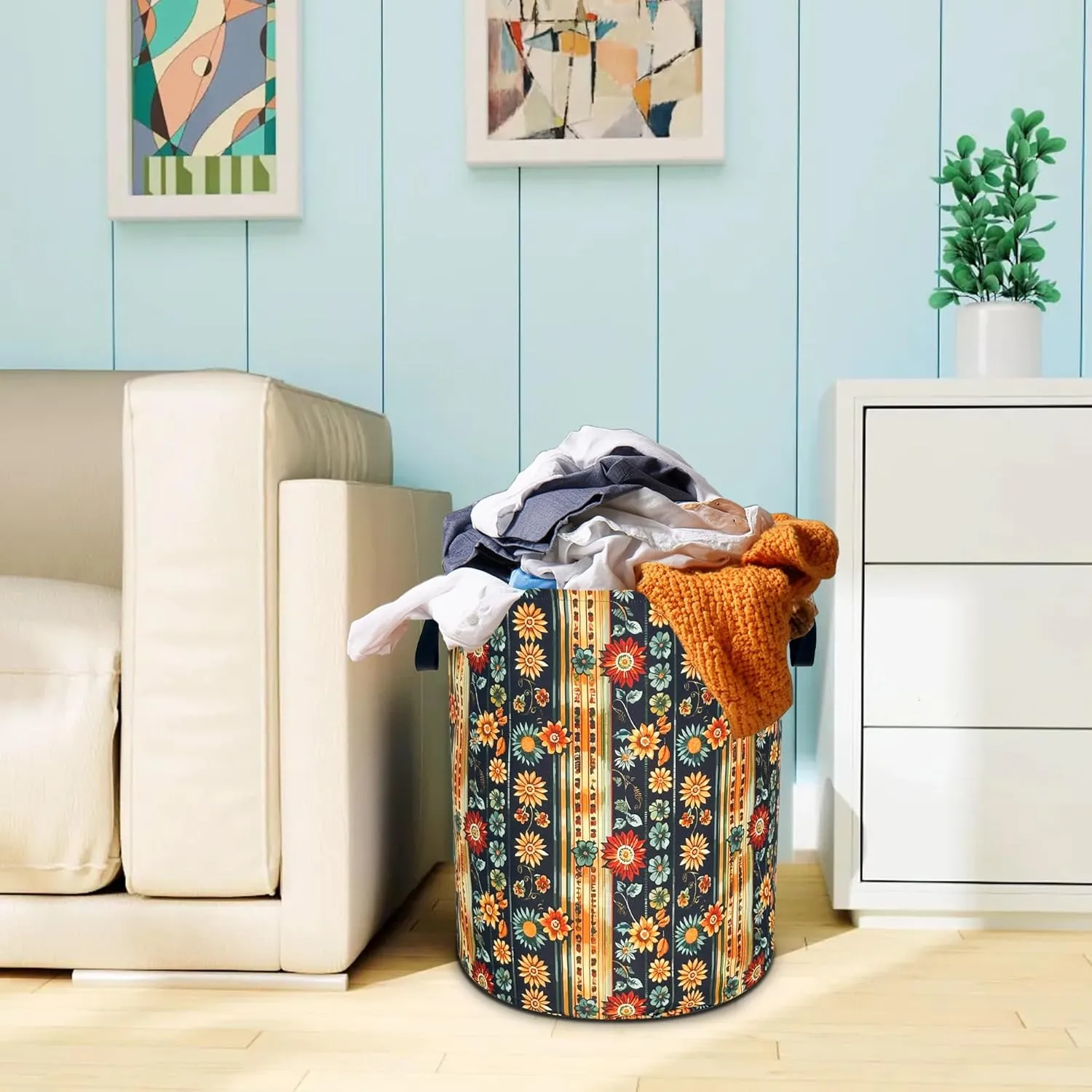 Folk Flower Art Laundry Basket Boho Floral Print Oxford Cloth Laundry Hamper With Handle Foldable Portable Clothes Storage Basket 18.9 X 16.5 Inch Storage Bag For Laundry Room/Bathroom/Bedroom