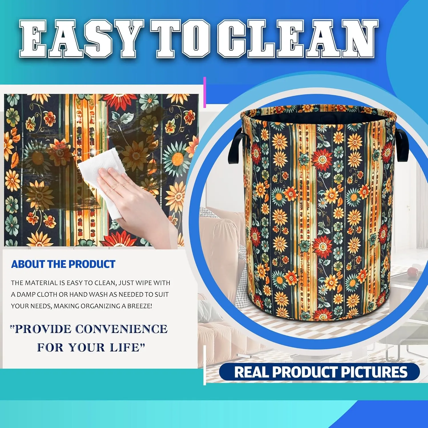 Folk Flower Art Laundry Basket Boho Floral Print Oxford Cloth Laundry Hamper With Handle Foldable Portable Clothes Storage Basket 18.9 X 16.5 Inch Storage Bag For Laundry Room/Bathroom/Bedroom