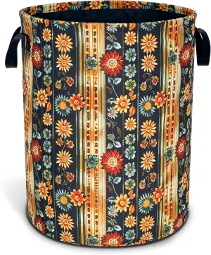Folk Flower Art Laundry Basket Boho Floral Print Oxford Cloth Laundry Hamper With Handle Foldable Portable Clothes Storage Basket 18.9 X 16.5 Inch Storage Bag For Laundry Room/Bathroom/Bedroom