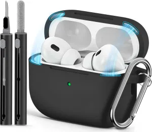 for AirPod Pro Case Cover with Cleaner Kit,Soft Silicone Protective Case for Apple AirPods Pro 2nd/1st Generation for Women Men,AirPod Pro Case with Magnetic Lid Lock & Keychain-Solid Black