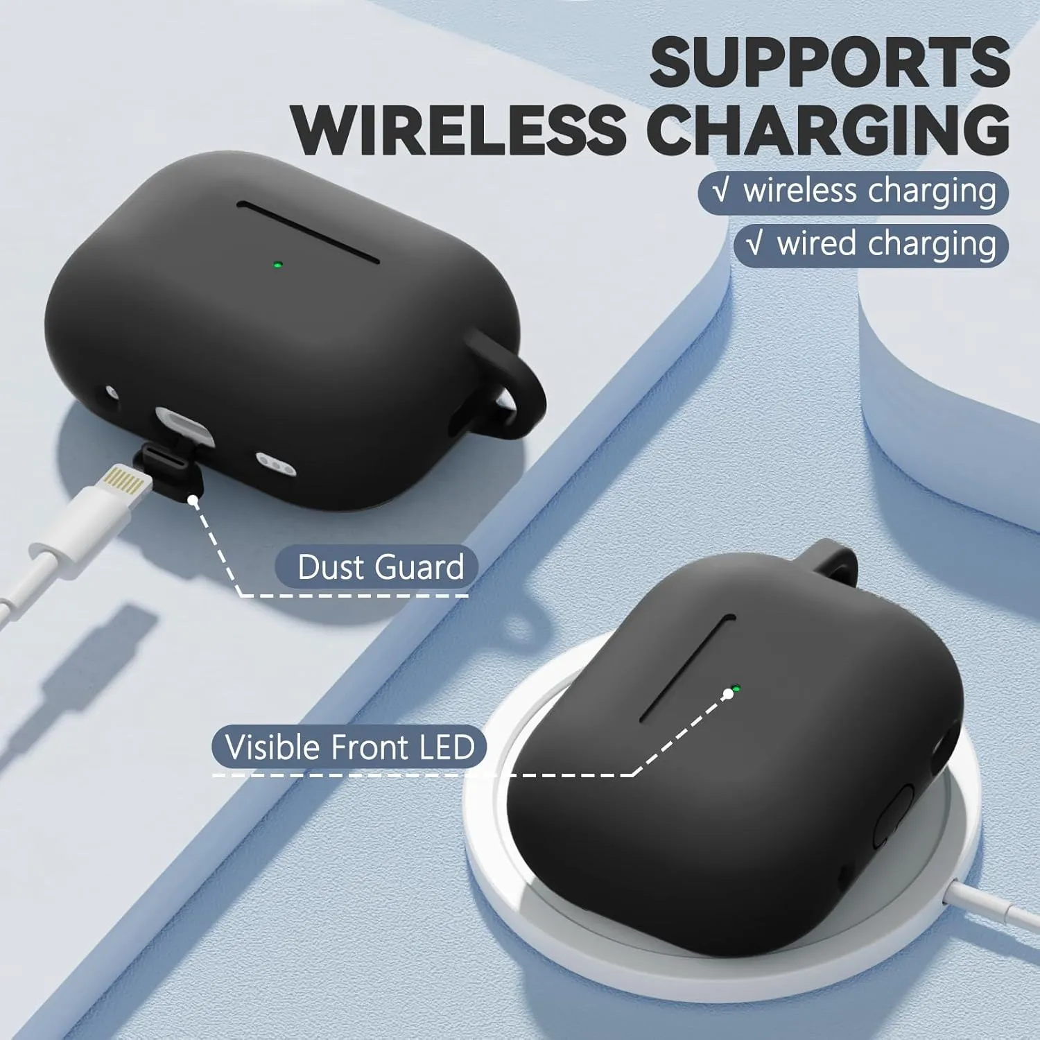 for AirPod Pro Case Cover with Cleaner Kit,Soft Silicone Protective Case for Apple AirPods Pro 2nd/1st Generation for Women Men,AirPod Pro Case with Magnetic Lid Lock & Keychain-Solid Black