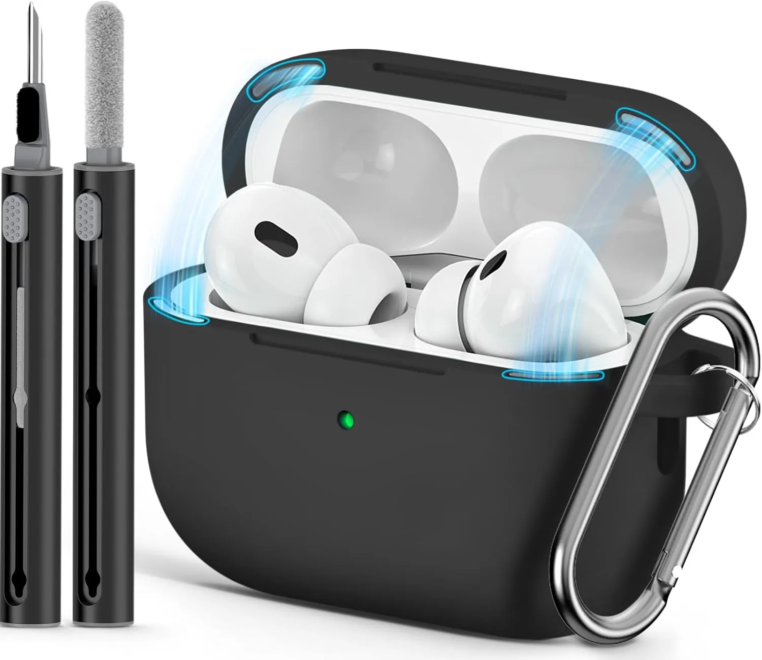 for AirPod Pro Case Cover with Cleaner Kit,Soft Silicone Protective Case for Apple AirPods Pro 2nd/1st Generation for Women Men,AirPod Pro Case with Magnetic Lid Lock & Keychain-Solid Black
